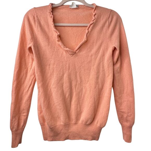 Sm JCrew 100% Cashmere Ruffle VNeck Sweater Peach 2009 Soft Classic Quiet Luxury - Picture 1 of 4